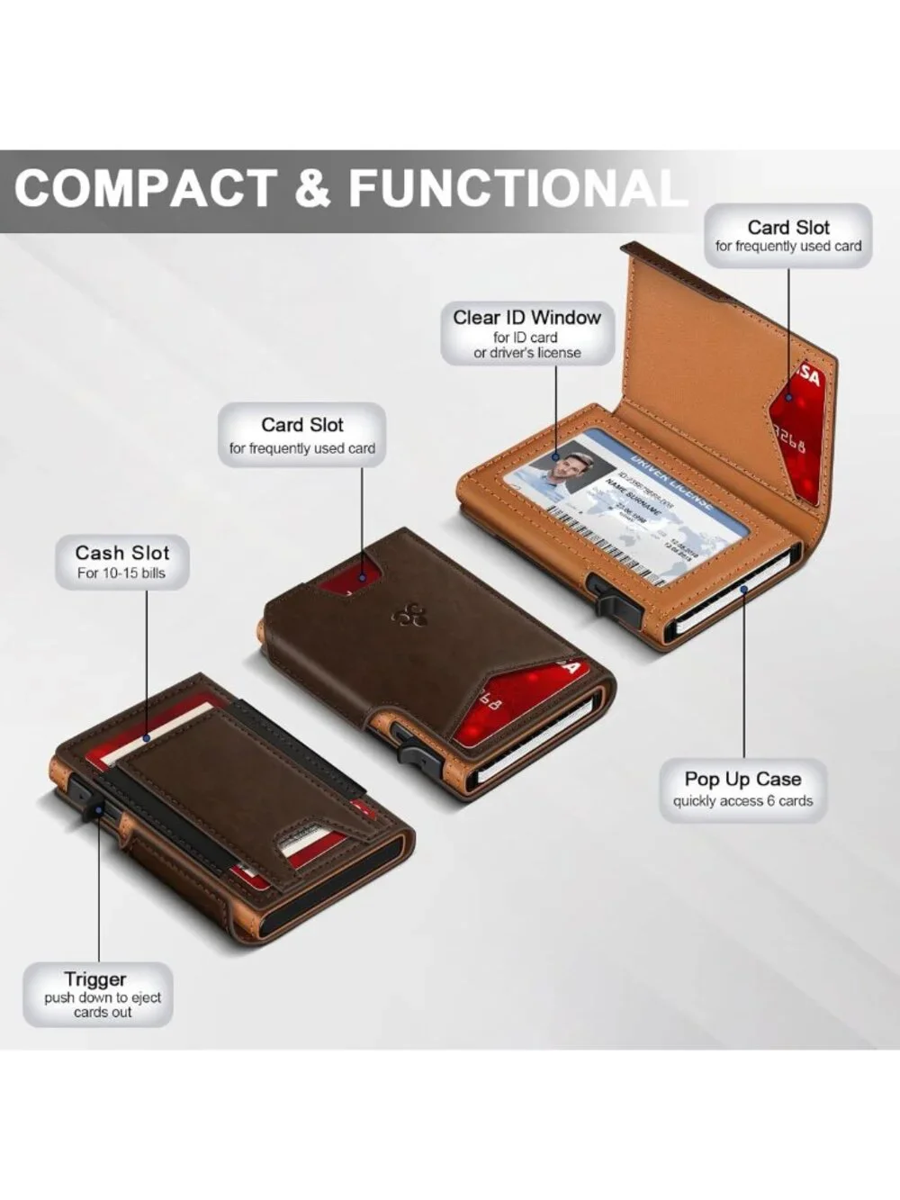 Slim Minimalist Wallet for Men - RFID Blocking, Pop-Up Card Holder, ID Window